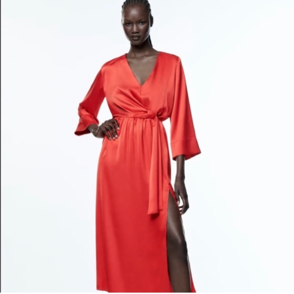 Zara Knotted Satin Effect Dress in Coral Size M